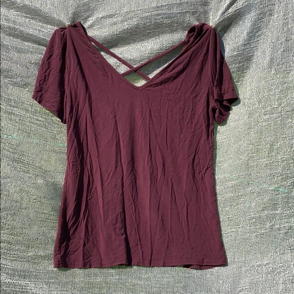 Short-Sleeved, Maroon, Criss-Cross Accent T-Shirt